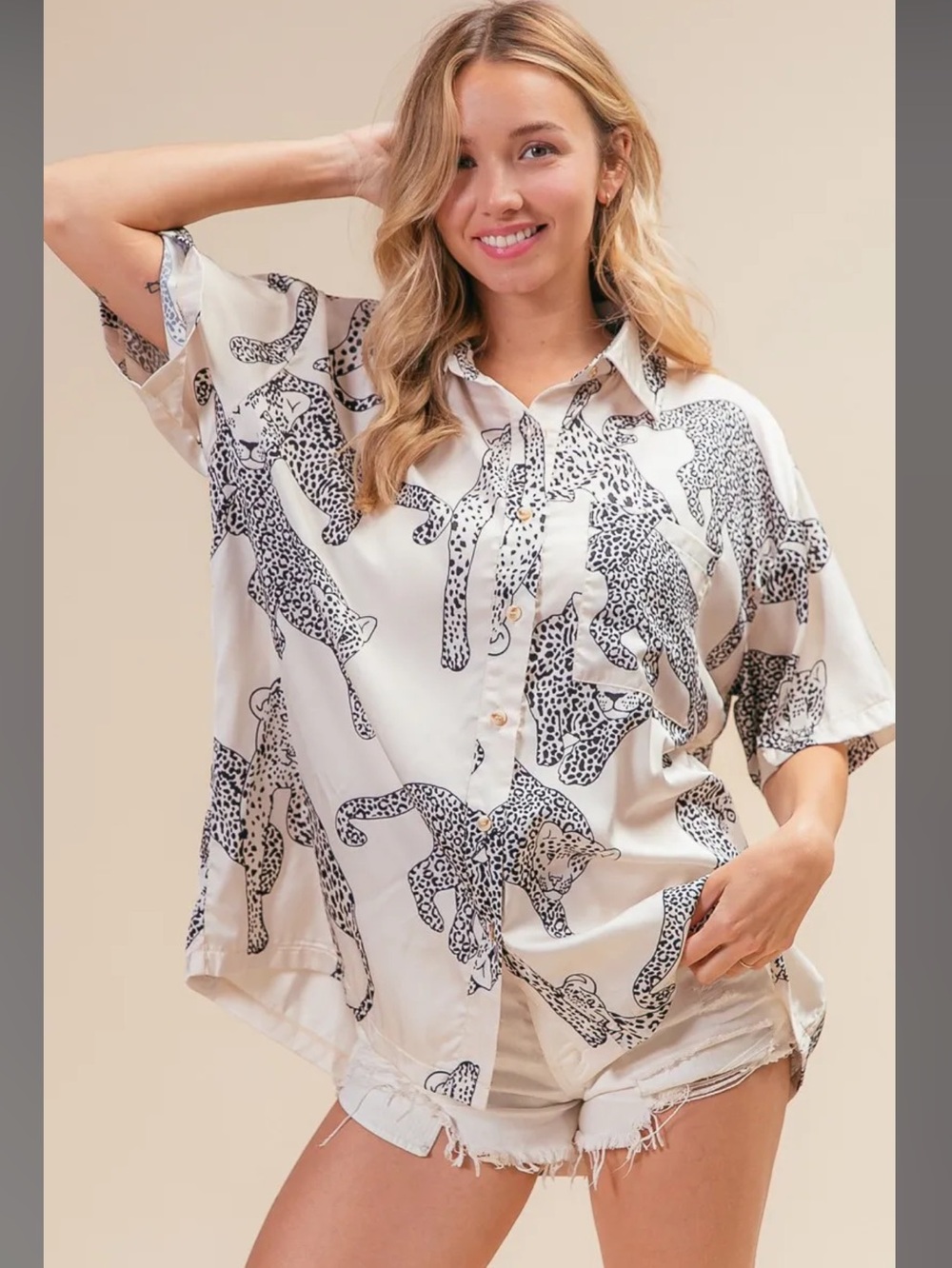 NWT BiBi Silky Satin Leopard Print Button Up Shirt